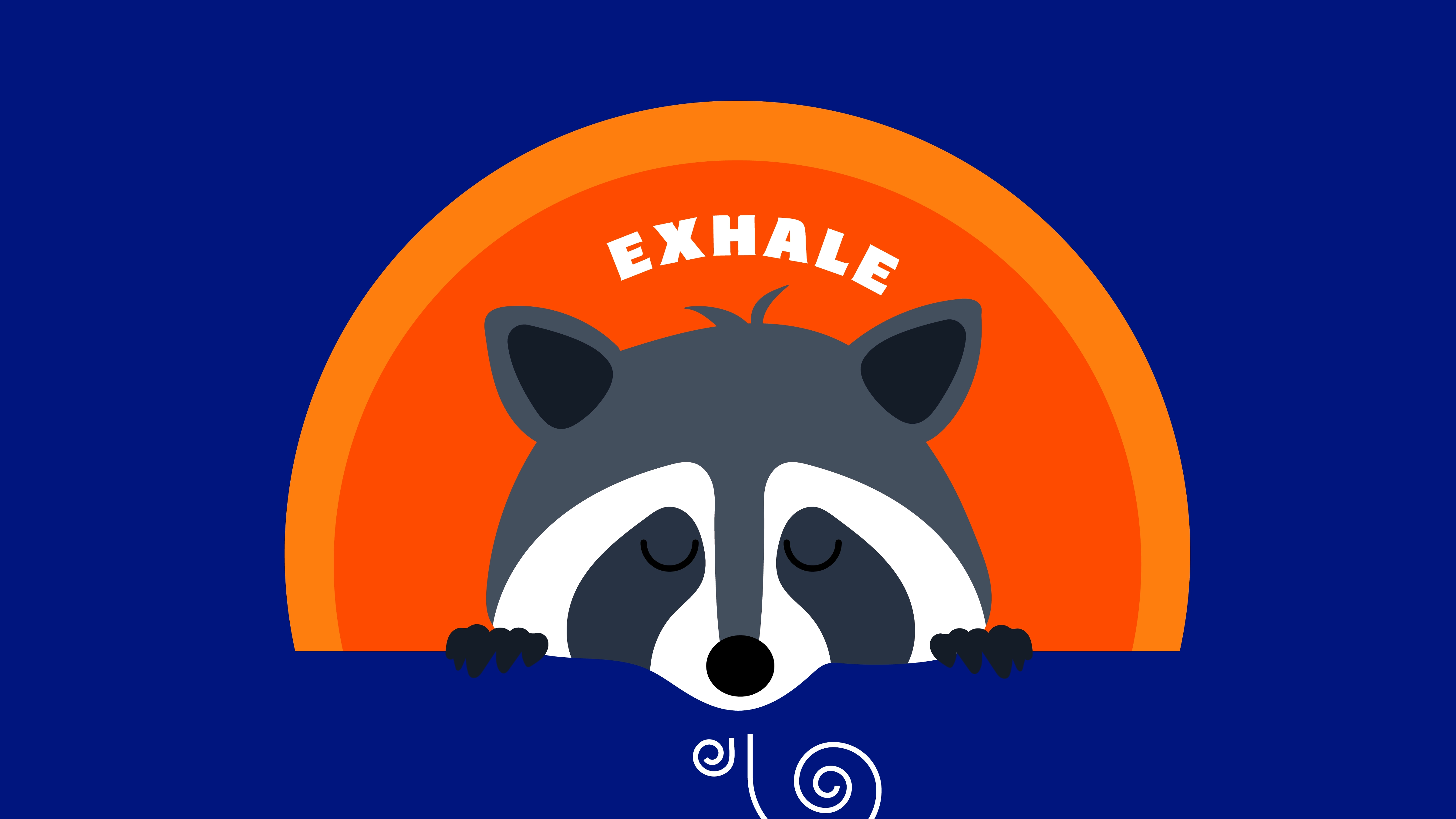 An illustrated raccoon exhales as a breathing exercise