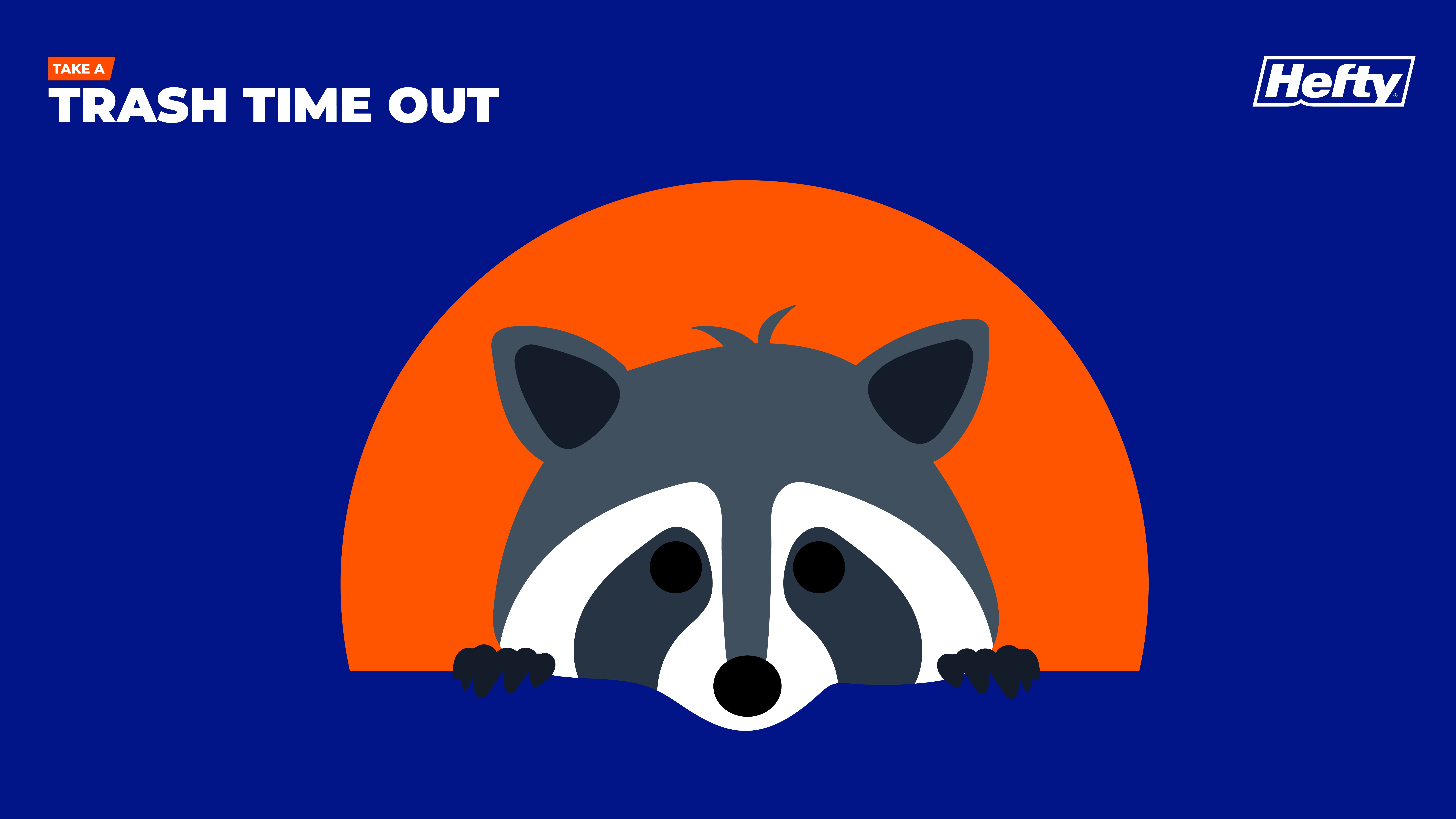 a thumbnail for a playable video features the Hefty Trash Time Out branding, featuring a cute 2D raccoon and the website name: Trash Time Out