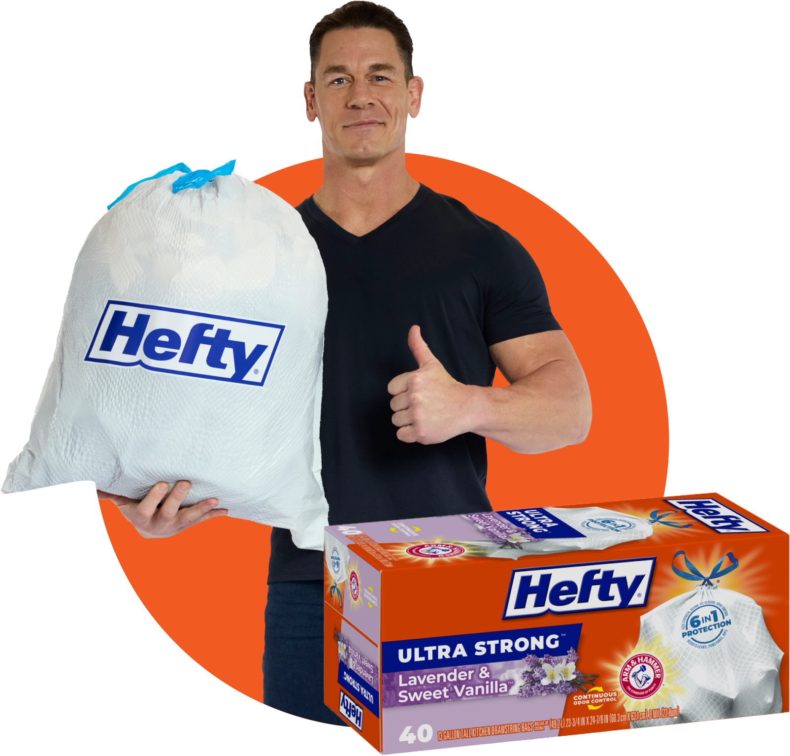 John Cena smiles holding a Hefty trash bag and gives a thumbs up. Below Cena is a box of Hefty Ultra Strong trash bags