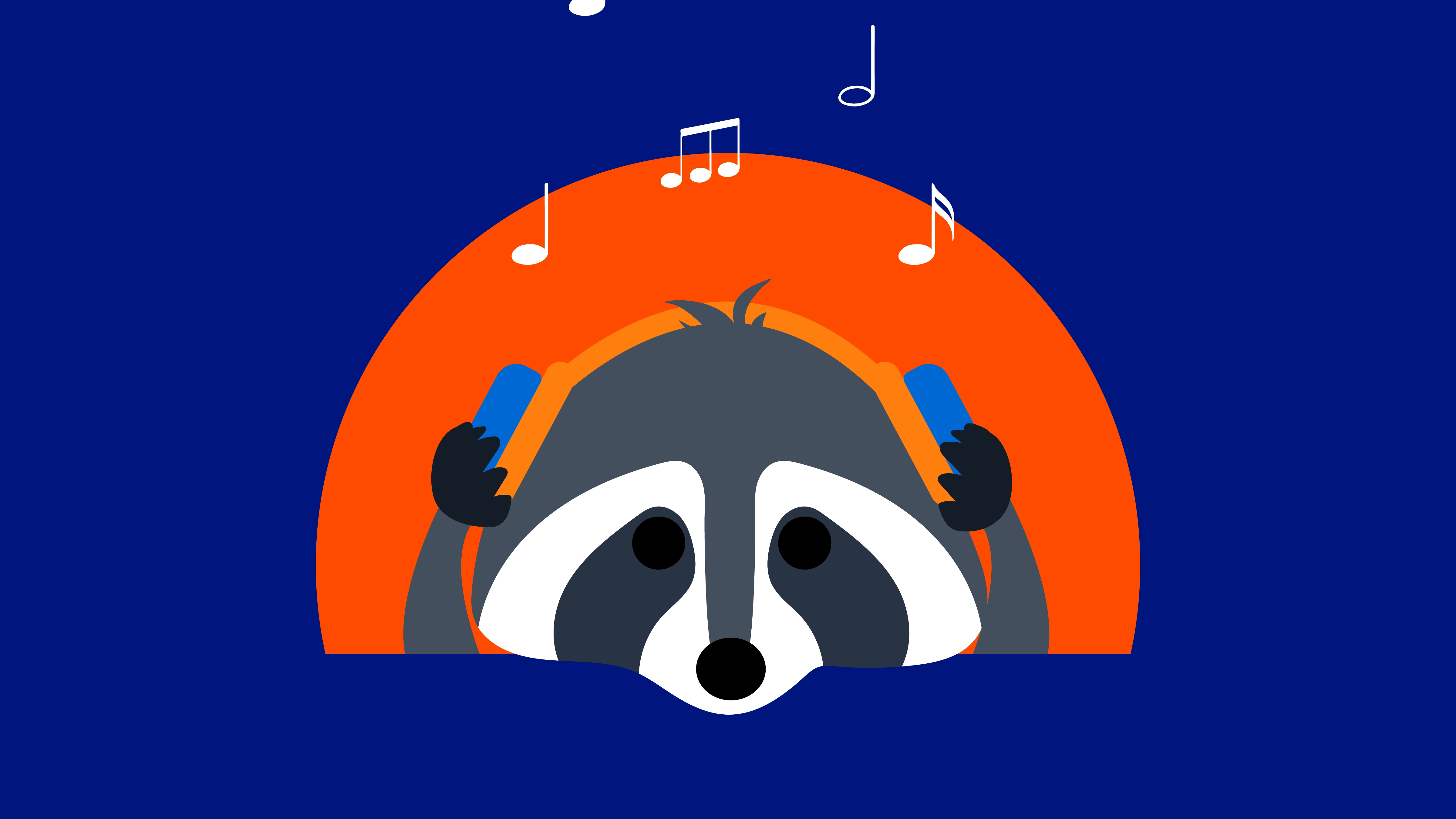 An illustrated raccoon wearing headphones listens to music