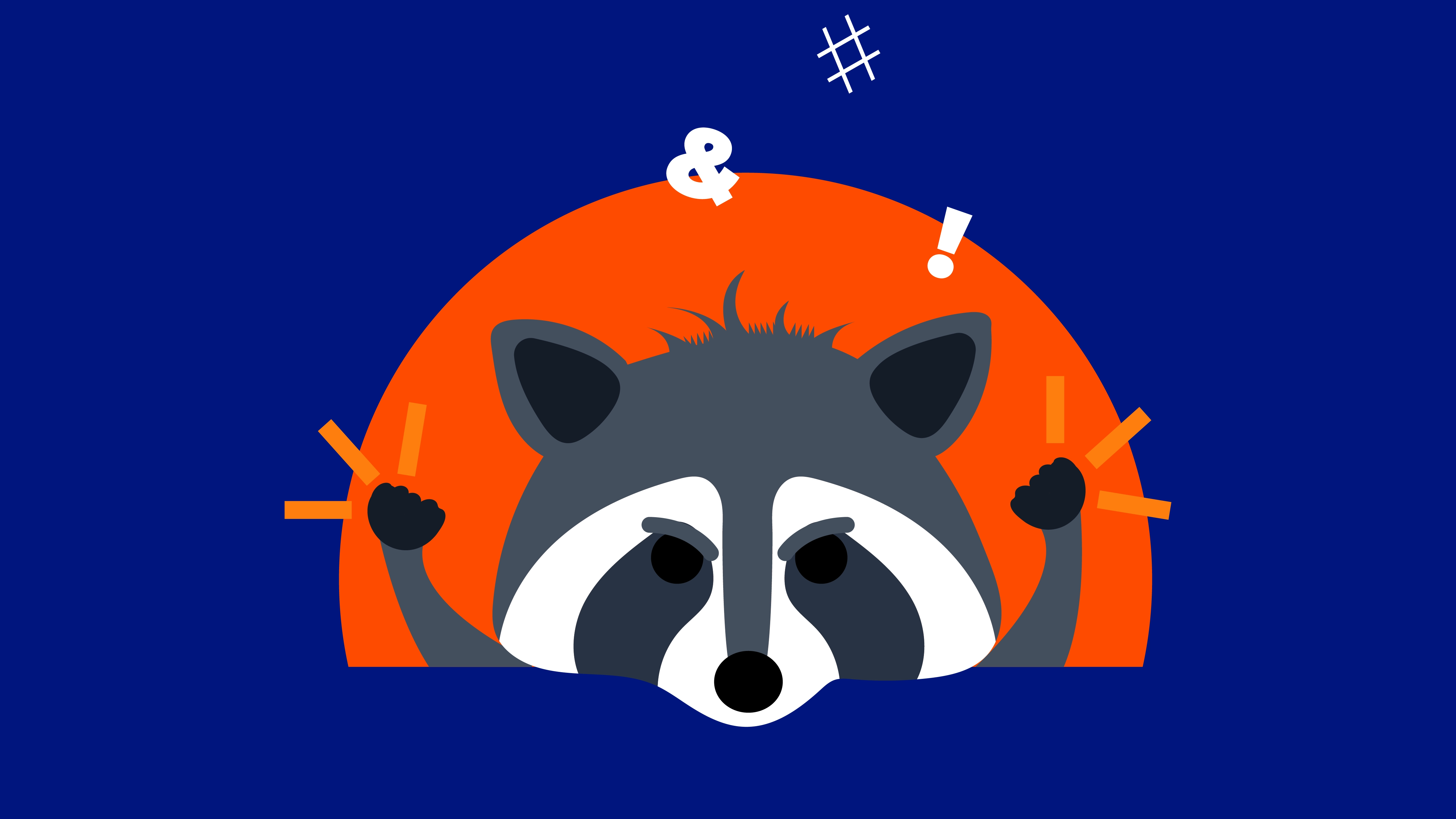 An illustrated raccoon with raised fists looks angry