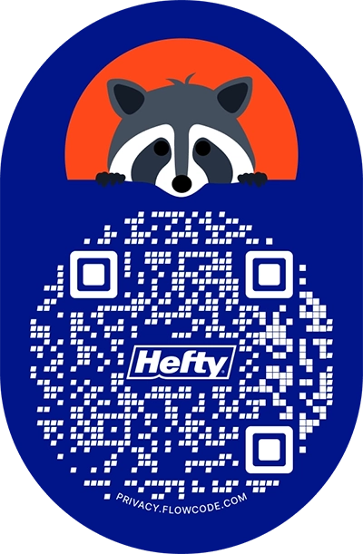 QR code with an illustrated raccoon peeking out over the top edge of the code